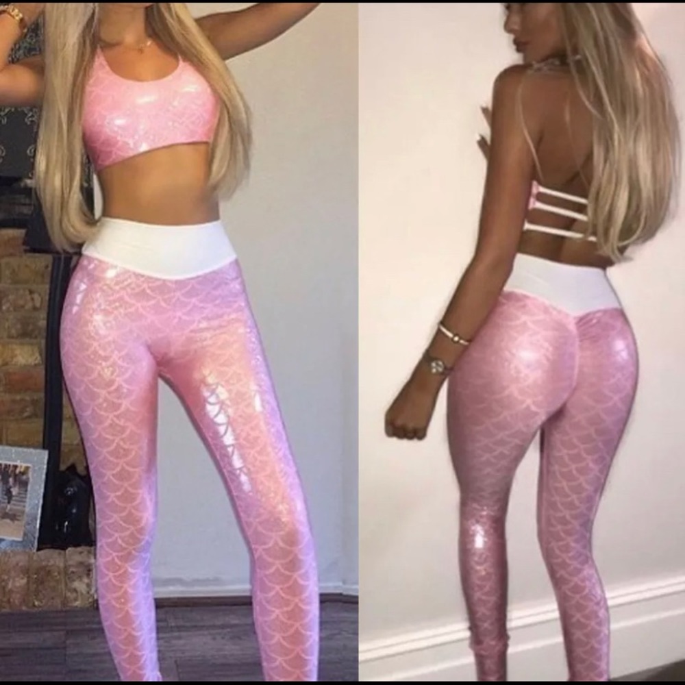 🎀Pink Mermaid Metallic Leggings Yoga Crop Top Set - Picture 2 of 6